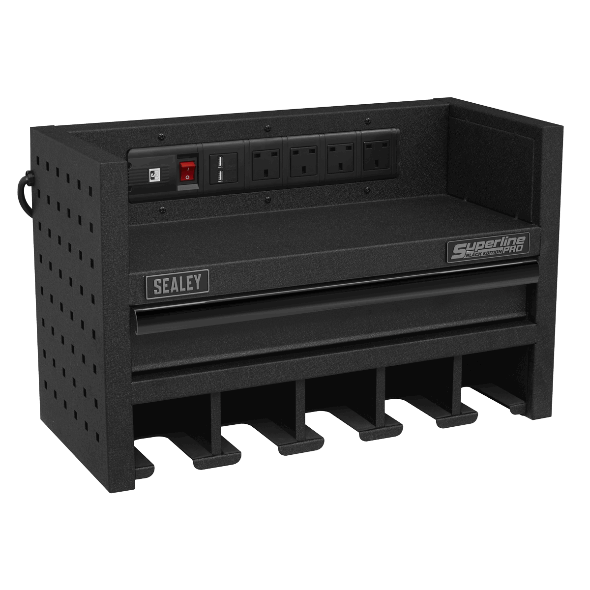 Power Tool Storage Rack with Drawer & Power Strip